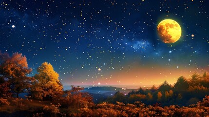 Radiant Golden Moon Illuminating Autumnal Landscape on Starry Night
