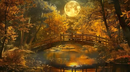 Autumn Moonlit Crossing Serene Wooden Bridge Over Reflective Stream Amid Colorful Fall Foliage