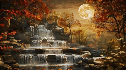 Enchanting Autumn Waterfall Glistening in Moonlit Splendor
