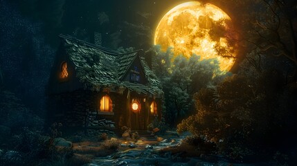 Magical Cottage in Moonlit Forest with Supernatural Glow