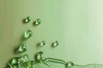 Top view of transparent green liquid drops on beige color background with copy space for text. clean minimal style.