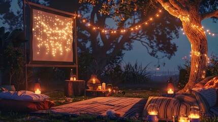 Creating a cozy and inviting setup for open-air movie nights under the starlit sky