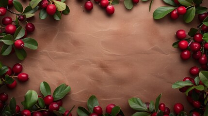 Vibrant red berries with lush green leaves bordering a blank brown backdrop.