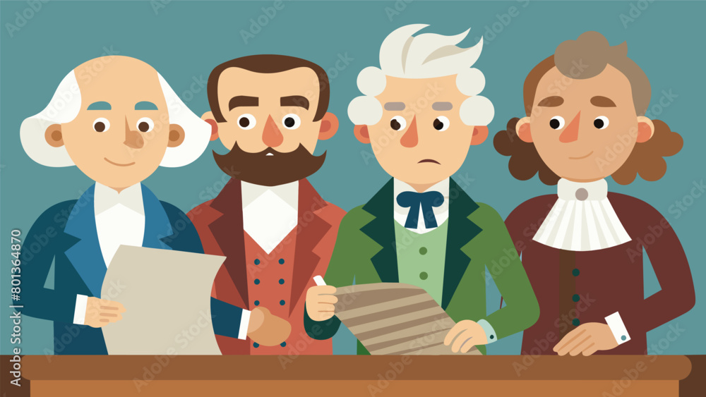 Poster puppet versions of the founding fathers signing the declaration of independence.. vector illustratio
