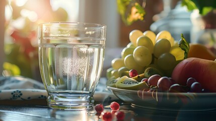 A glass of water sits on a table next to a bowl of fruit