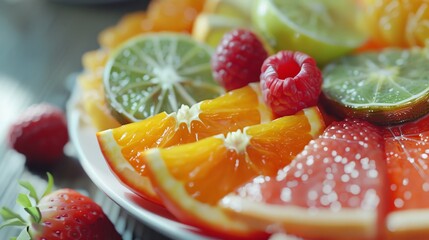 A plate of colorful sliced fresh fruit