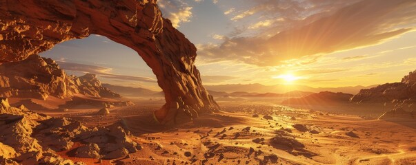 A rock archway formation against a vibrant sunset, casting a long shadow across a desert landscape 
