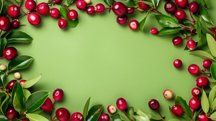 Vibrant photo of fresh cranberries with lush green leaves on a green background, with ample copy space.