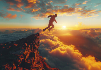 Silhouette of man jumping from cliff with beautiful landscape background, concept of freedom and challenge or business development. Silhouette of man jumping from cliff with mountain and river 