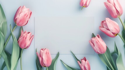 Blanc paper mockup with pink tulips pastel background