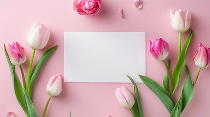 Blanc white paper mockup with pink tulips pastel background