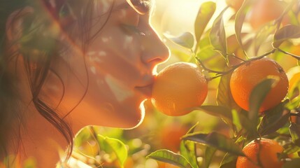 In the midst of a lush jungle, a happy woman stands by a tree with her eyes closed, smelling the sweet scent of oranges. The heat of the sun warms her as she takes in the fragrant citrus fruit AIG50