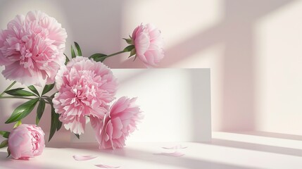 Blanc white paper mockup with pink peonies on pastel background