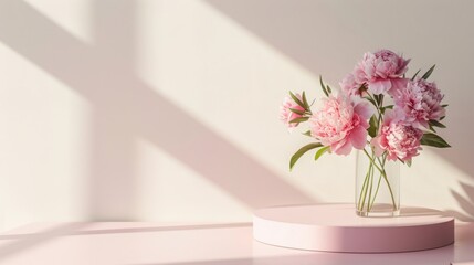 Pink round podium with pink peonies bouquet in glass vase