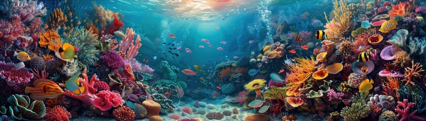 A beautiful and vibrant coral reef with many different types of fish swimming around.