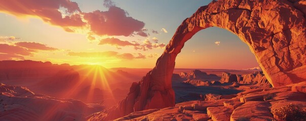 A rock archway formation against a vibrant sunset, casting a long shadow across a desert landscape 