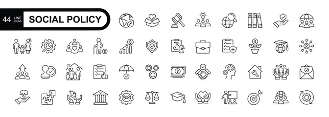 Social policy  line icons, security, government, welfare, protection, family, vector template editable stroke.