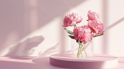 Pink podium with peonies flowers vase