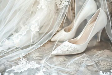 Fototapeta na wymiar wedding concept bride shoes and veil, detail