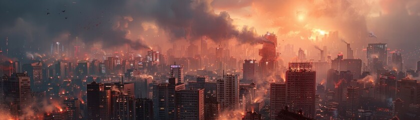 Fototapeta premium A dark, post-apocalyptic cityscape with a red sky and smoke in the air.
