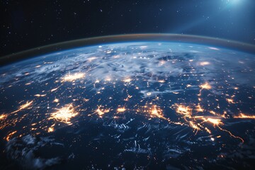 Obraz premium A satellite image of the Earth at night, with city lights illuminating continents, showcasing the interconnectedness of human civilization 