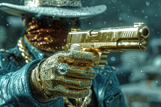 detail of golden gun of a Narcos king of drugs of mexican cartel mafia