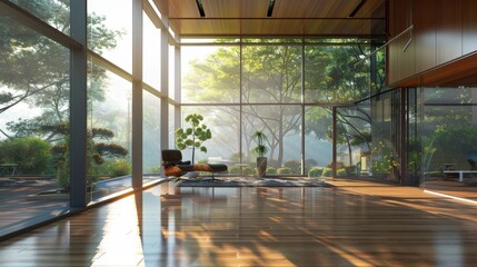 Commercial office building, glass curtain wall, sunlight, urban skyline