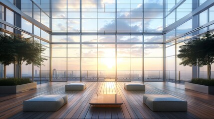 Commercial office building, glass curtain wall, sunlight, urban skyline