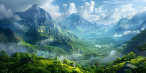 Breathtaking Landscape of Towering Mountains and Lush Valleys Ideal for Nature and Scenic Adventures