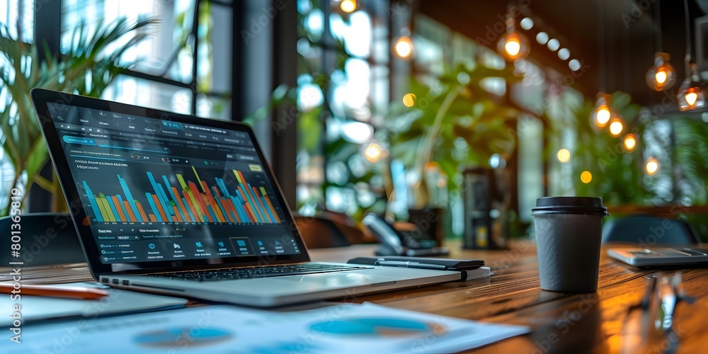 Poster laptop displaying financial data and analytics on cozy workspace with greenery