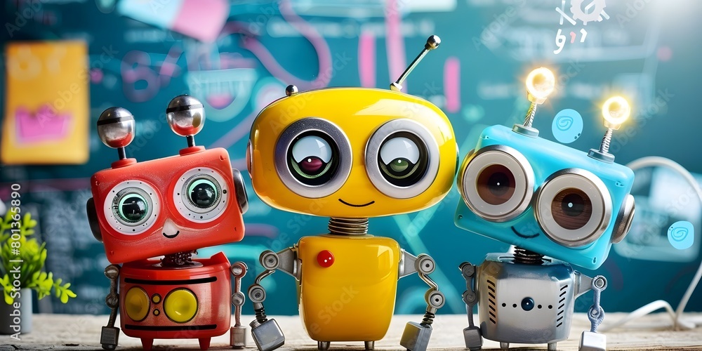 Poster a group of friendly whimsical robots designed to engage and educate young learners