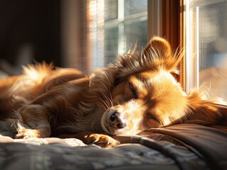 A peaceful dog sleeping in the warm glow of the sun by a window sill.