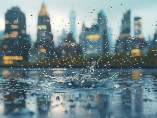 A single, sharp raindrop splashing on a window pane, the cityscape outside blurred by the falling rain 