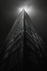 A tall, dark skyscraper with a light shining down on it from the top.