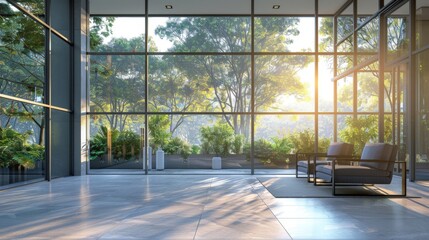 Commercial office building, glass curtain wall, sunlight, urban skyline