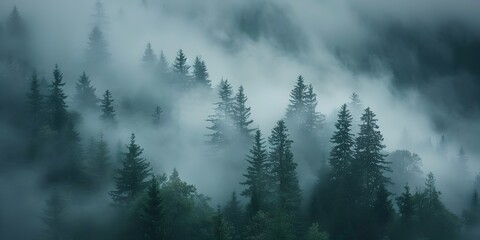 Moody and Misty Forest Landscape in the Mountains with Dramatic Clouds and Atmosphere