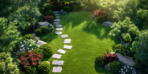 Serene and Lush Residential Garden Landscape with Stone Pathway Inviting Homeowners to Enjoy Nature s Tranquil Retreat