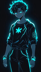 Neon Cyan Outlined Super Saiyan Anime Boy