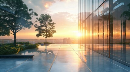 Commercial office building, glass curtain wall, sunlight, urban skyline