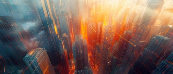 An aerial view of a futuristic city with skyscrapers and sunlight.