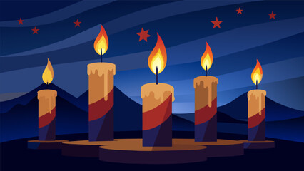 As dusk settles in candles are lit to honor the fallen soldiers on Independence Day. The glowing flames serve as a symbol of the soldiers enduring. Vector illustration