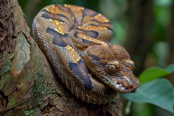 Obraz premium Boa Constrictor: Wrapped around a tree trunk with muscular body, illustrating strength