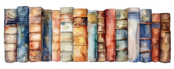 A series of aged, ragged books portrayed through watercolor art