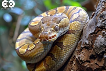 Fototapeta premium Boa Constrictor: Wrapped around a tree trunk with muscular body, illustrating strength