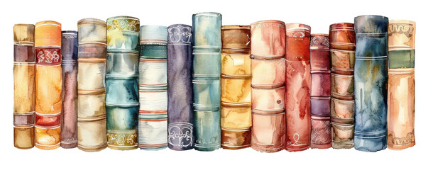 An array of antique, weathered books captured in a watercolor painting