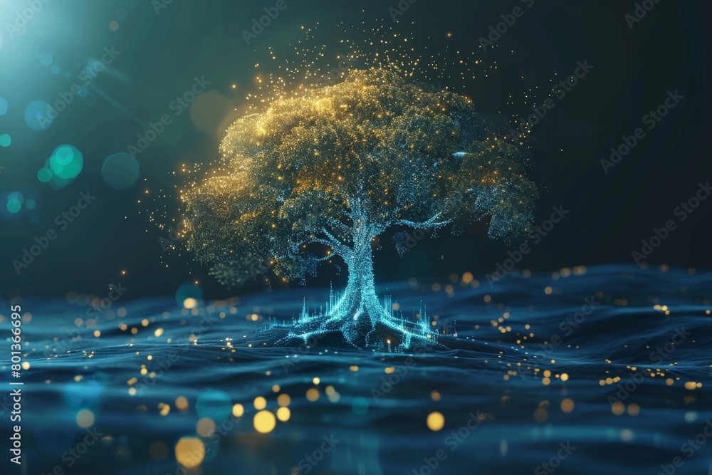Poster a tree with glowing leaves and branches, representing a blockchain network growing and expanding