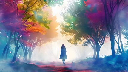 A woman is walking through a forest with colorful trees