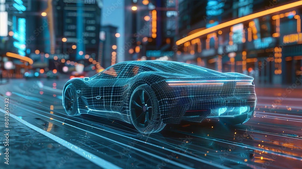 Aufkleber illustration of a futuristic car intersecting with a wireframe in a digital user interface environme