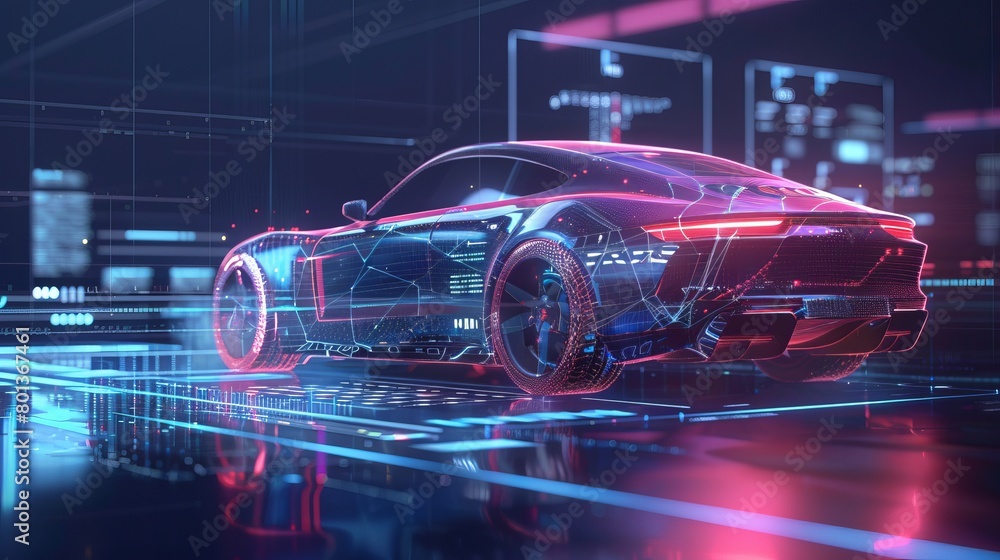 Aufkleber illustration of a futuristic car intersecting with a wireframe in a digital user interface environme