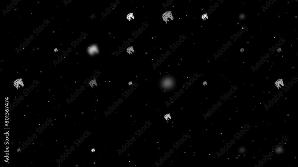 Poster template animation of evenly spaced horse's head symbols of different sizes and opacity. animation o